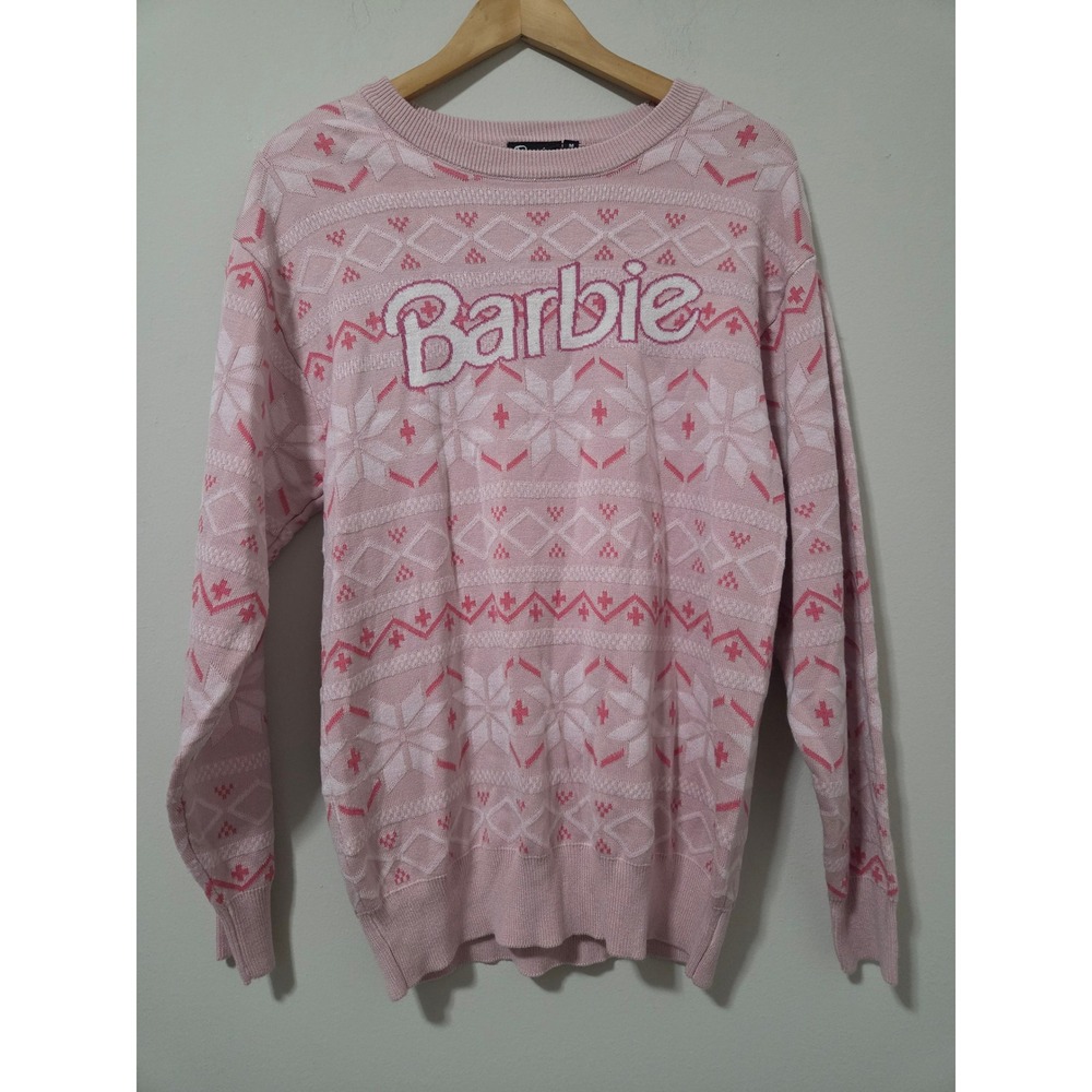 Barbie Pink Fair Isle Knit Sweater Womens Medium‎ Snowflake Logo Pullover M